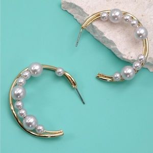 Gold hoops with multi sized Pearls Earrings